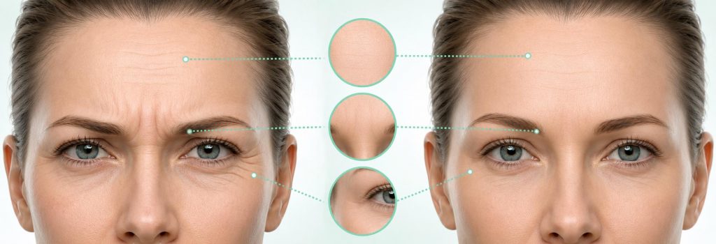 Frauengesicht vor und nach einer ästhetischen Faltenbehandlung mit Botox®
